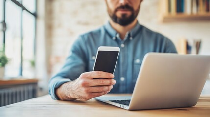 Man using phone with laptop at desk, shallow focus.