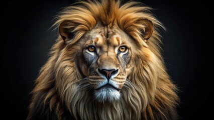Fototapeta premium Majestic Lion Black Background, Dark King, Powerful Cat, Wildlife Photography, African Lion, Night Lion, Black and White Lion, Wild Animal Portrait