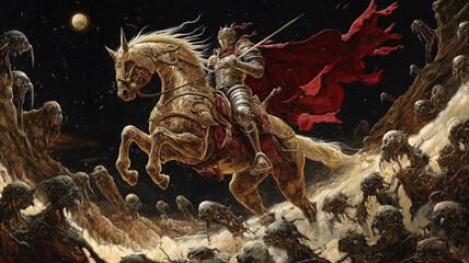 Knight on Horseback Charging into Battle Against a Horde. Concept of Courage, Fantasy, War