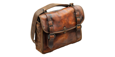 Brown leather satchel bag with textured finish isolated on transparent background