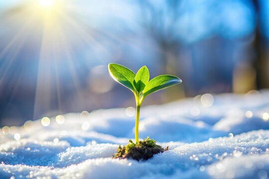 Spring arrival with green sprout and winter background