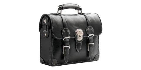 Black leather satchel bag with buckles isolated on transparent background