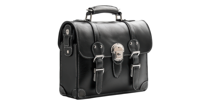 Black leather satchel bag with buckles isolated on transparent background