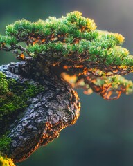 Beautiful Bonsai Tree with Green Foliage and Unique Bark Texture