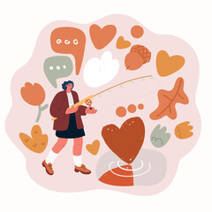 Cartoon vector illustration of a woman catching a heart with a fishing rod, symbolizing love, attraction, and the pursuit of emotional connection.