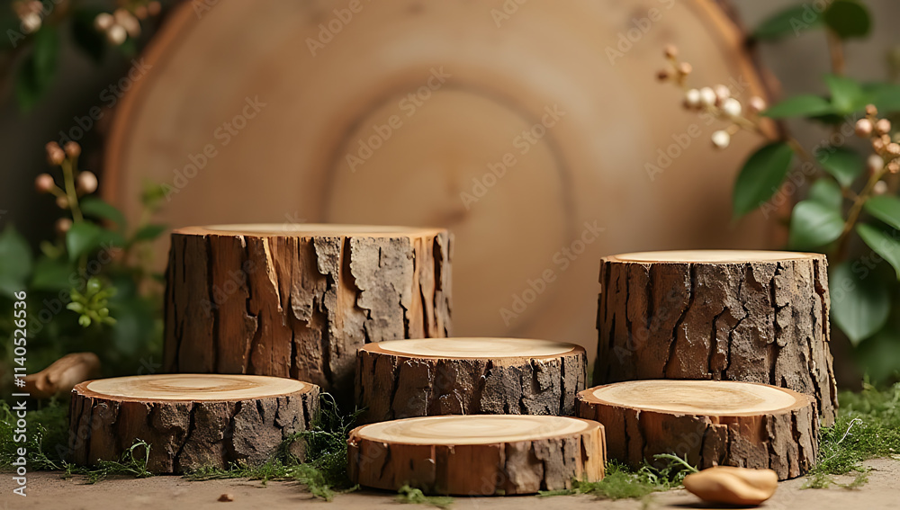Aufkleber Wooden tree stumps are used to create visually appealing displays and backgrounds for packaging design in natural and rustic concepts settings._00003_