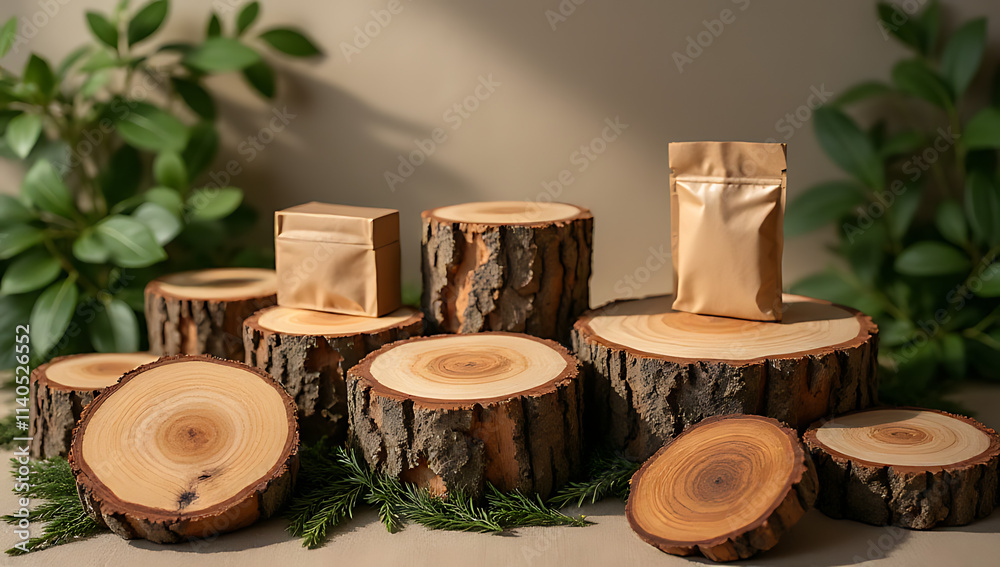 Poster Wooden tree stumps are used to create visually appealing displays and backgrounds for packaging design in natural and rustic concepts settings._00004_
