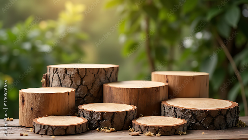Poster Wooden tree stumps are used to create visually appealing displays and backgrounds for packaging design in natural and rustic concepts settings._00002_