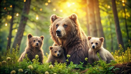 Obraz premium Majestic Mama Bear & Cubs: Bokeh Photography, Wildlife, Nature, Forest, Mother Bear, Bear Cubs, Family, Cute, Adorable, Wild Animals, Brown Bear, Grizzly Bear, Black Bear, 