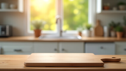 Wooden countertop with a cutting board has a blurred kitchen scene through a morning window in the background._00003_