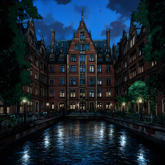 Fototapeta premium Night Canal Cityscape Illustration