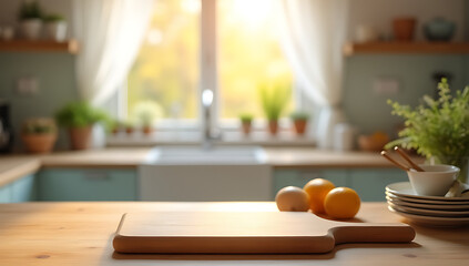 Wooden countertop with a cutting board has a blurred kitchen scene through a morning window in the background._00001_