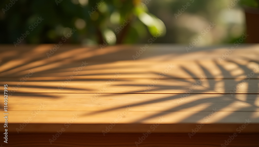 Aufkleber Wood table features a natural palm leaf shadow texture on its countertop in a warm and moody summer setting._00001_