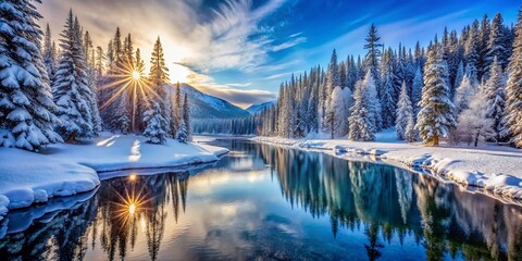 Obraz premium Majestic Montana Winter: Snow-Covered Mountains, Frozen Lakes, and Breathtaking Landscapes