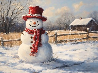 Obraz premium Snowman With Red Hat And Scarf In Winter Forest With Snow Falling