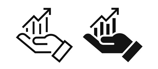 Growing graph in hand flat and line icons. Vector