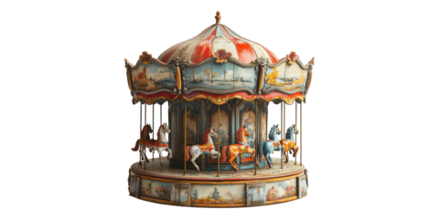 Vintage carousel with painted horses isolated on transparent background