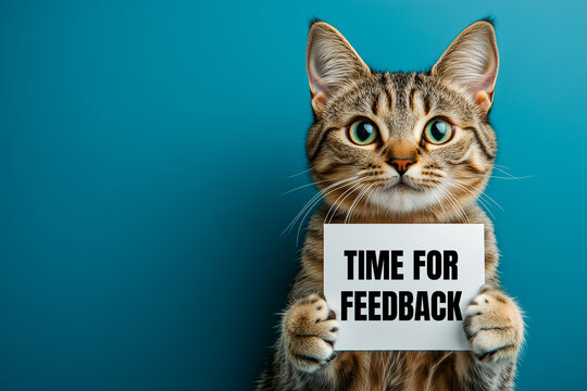 Cat holding a white card with time for feedback message.Conceptual time for feedback symbol. Copy space.