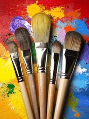 Obraz premium A vibrant display of five paintbrushes against a colorful abstract background, symbolizing creativity, artistic tools, and the joy of painting with bright and textured splashes of paint.