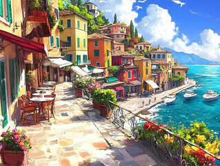 Coastal Village Illustration:  Mediterranean Charm