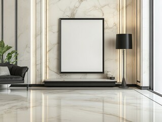 Marble room with blank frame, lamp, plants, and couch.