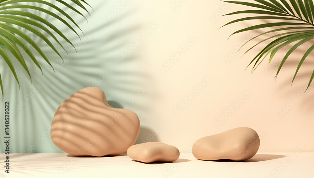 Poster tropical design features a sandstone product display with palm leaf shadows against a soft pastel co