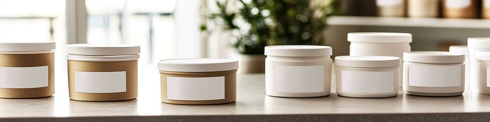 Assorted creams in jars on shelf, natural skincare products