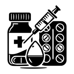 Medication Icon Hand drawn illustration black and white