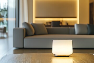 Cozy modern interior with glowing lamp on table