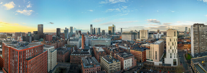 Panoramic aerial image of Manchester city center area. 