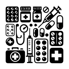 Medication Icon Hand drawn illustration black and white