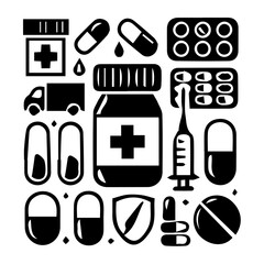 Medication Icon Hand drawn illustration black and white