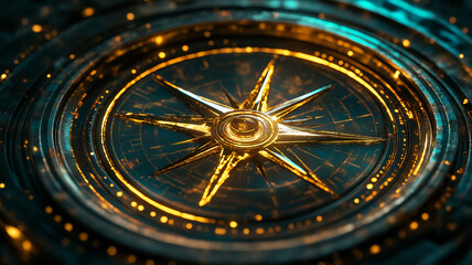 Golden compass on dark background. Concept of navigation, guidance, and exploration.