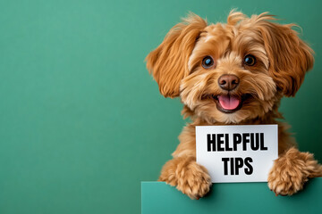 Dog holding a white card with helpful tips message. Conceptual helpful tips symbol. Copy space.