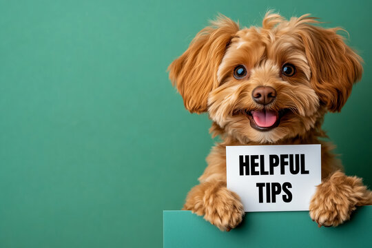 Dog holding a white card with helpful tips message. Conceptual helpful tips symbol. Copy space.