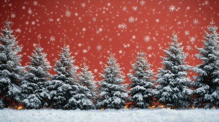 Beautiful Snowy Pine Trees Against a Red Background with Snowflakes, Perfect for Christmas-Themed Designs and Celebrations