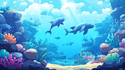 Fototapeta premium A vibrant underwater scene showcasing colorful coral and playful fish swimming in crystal-clear blue water.