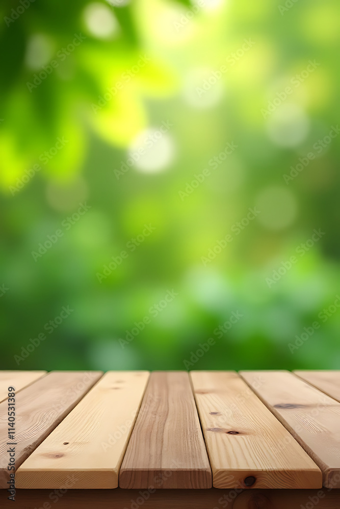 Poster the background features an empty wooden table top against a blurred garden scene with fresh green le