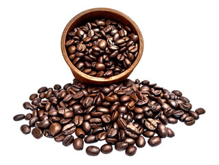 Roasted coffee beans with coffe powder  in wooden bowl isolated on white background.