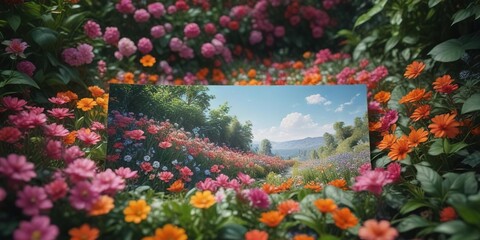 Postcard partially submerged in a bed of lush flowers and foliage , foliage, petal, greenery