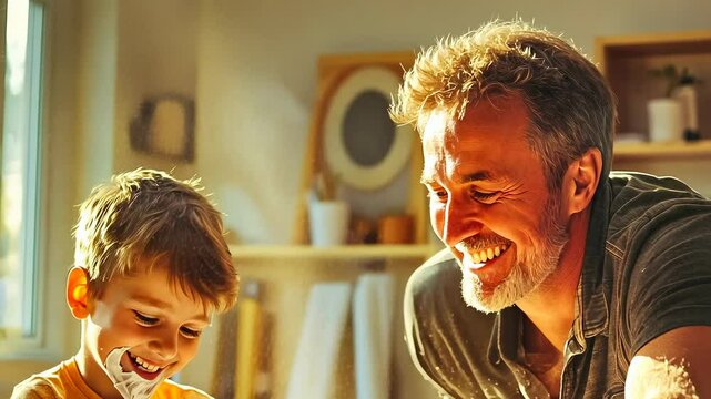 A senior Caucasian man and a young boy laugh joyfully as they engage in an arm-wrestling match at a sunlit kitchen table. The moment captures warmth, familial bonding, and generational play.