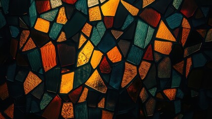 Fototapeta premium A kaleidoscope of multicolored mosaic glass fragments in a glowing, abstract design, creating a vibrant and artistic background.