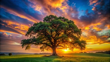 Obraz premium Majestic Sunrise Oak Tree Photography: Golden Hour Landscape, Deep Depth of Field, High Resolution Image