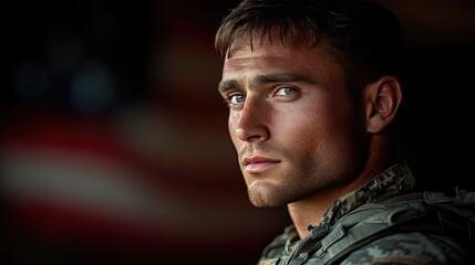 Fototapeta premium Soldier in military uniform stands with pride in front of an American flag, symbolizing respect and strength for Veterans Day