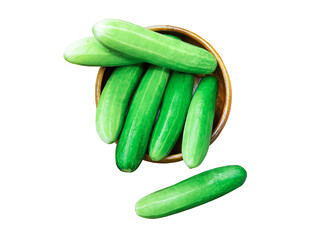 Lebanese Cucumber in wooden bowl isolated on white background. Top view. Flat lay.