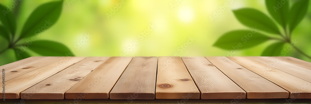 Poster Real wood table top with blurred leaf pattern serves as a versatile background for product displays and design visuals._00004_