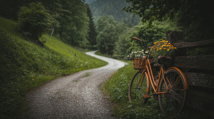 Vintage Bicycle Against Wooden Fence in Scenic Landscape