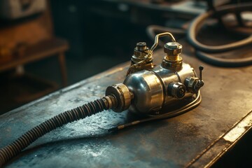 Vintage Industrial Equipment with Metallic Finish and Flexible Hose on Rustic Workbench in Workshop Setting
