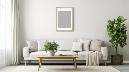 Minimalist living room, sofa, artwork, plant, table, modern, home, white, natural.