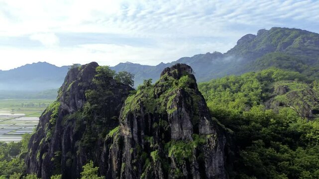 aerial view of ancient limestone rocky mountains, cliffs, and green trees with morning mist surrounded by rice fields. towering rocky hill of Sepikul mountain in Indonesia. 
